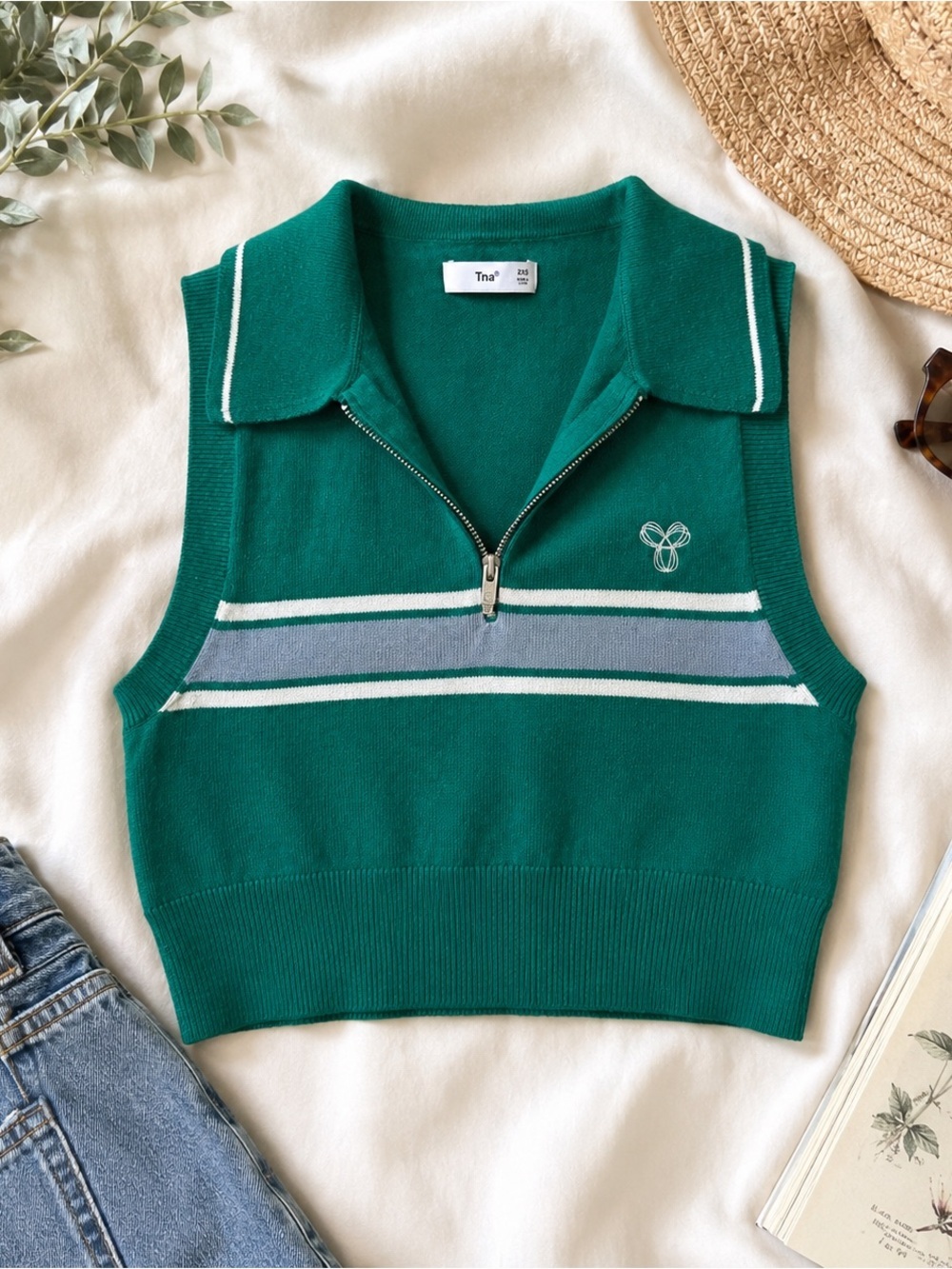 TNA Emerald Green Striped Knit Zip Polo Crop Sweater Vest Size 2XS
